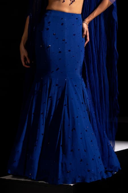 Vesture Blue Mesh, Crepe Beads, Tassels, Sapphire Fishcut Skirt Set With Cape at Aza Fashions Vesture_Blue Mesh, Crepe Beads, Tassels, Sapphire Fishcut Skirt Set With Cape _at_Aza_Fashions