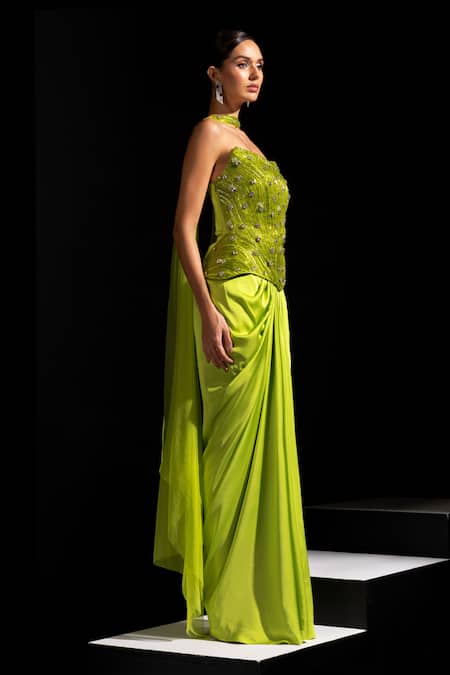 Vesture_Lime Satin, Mesh Embroidery, Stones Bandeau Venom Neon Corset And Draped Skirt Set _Online_at_Aza_Fashions