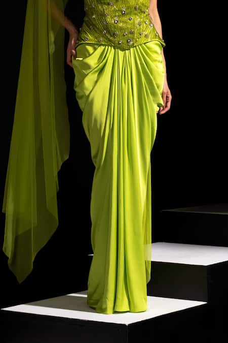 Buy_Vesture_Lime Satin, Mesh Embroidery, Stones Bandeau Venom Neon Corset And Draped Skirt Set _Online_at_Aza_Fashions