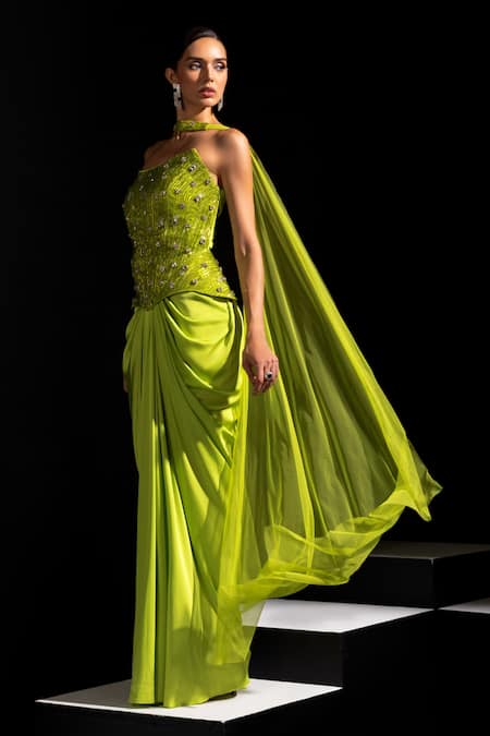 Shop_Vesture_Lime Satin, Mesh Embroidery, Stones Bandeau Venom Neon Corset And Draped Skirt Set _Online_at_Aza_Fashions