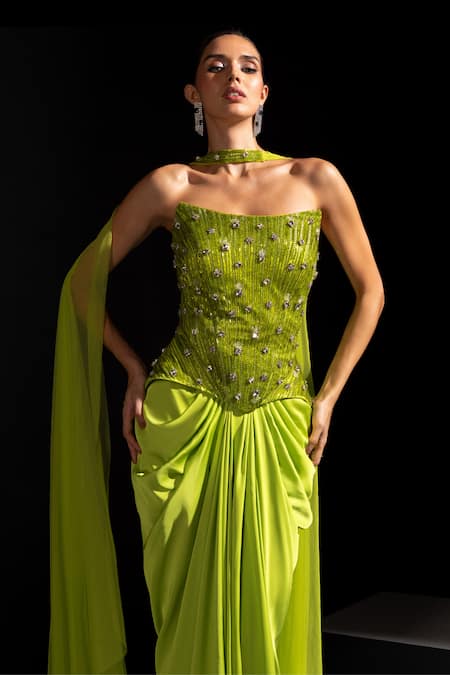 Vesture_Lime Satin, Mesh Embroidery, Stones Bandeau Venom Neon Corset And Draped Skirt Set _at_Aza_Fashions