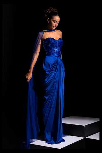 Vesture_Blue Satin, Mesh Mirrors Sweetheart Voltage Electric Work Corset And Skirt Set _Online_at_Aza_Fashions