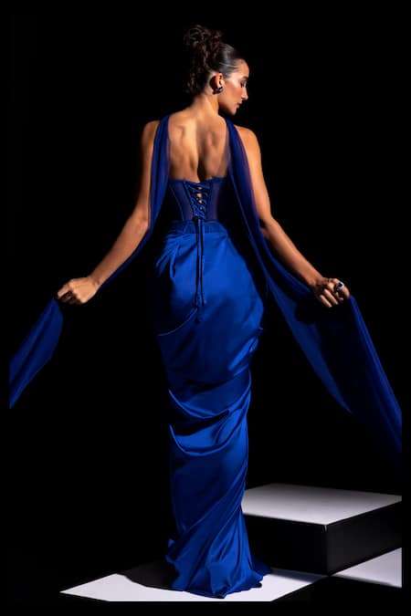 Vesture Voltage Electric Blue Mirror Work Corset & Skirt Set 