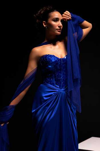 Buy_Vesture_Blue Satin, Mesh Mirrors Sweetheart Voltage Electric Work Corset And Skirt Set _Online_at_Aza_Fashions