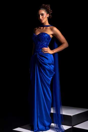 Shop_Vesture_Blue Satin, Mesh Mirrors Sweetheart Voltage Electric Work Corset And Skirt Set _Online_at_Aza_Fashions