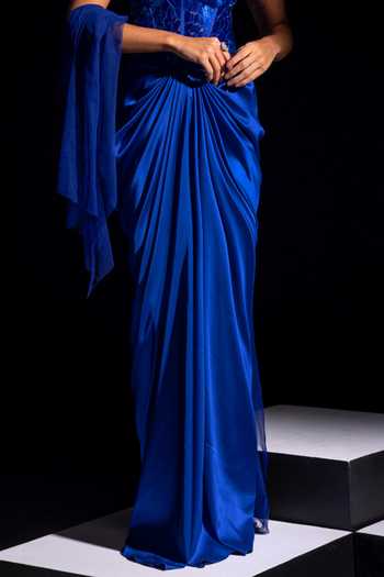 Vesture_Blue Satin, Mesh Mirrors Sweetheart Voltage Electric Work Corset And Skirt Set _at_Aza_Fashions