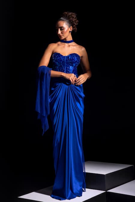 Vesture Voltage Electric Blue Mirror Work Corset & Skirt Set 