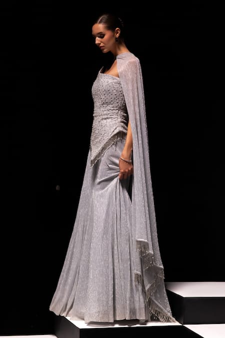 Vesture_Silver Mesh Sequins, Stones, Beads Frost Asymmetric Corset And Metallic Skirt Set _Online_at_Aza_Fashions