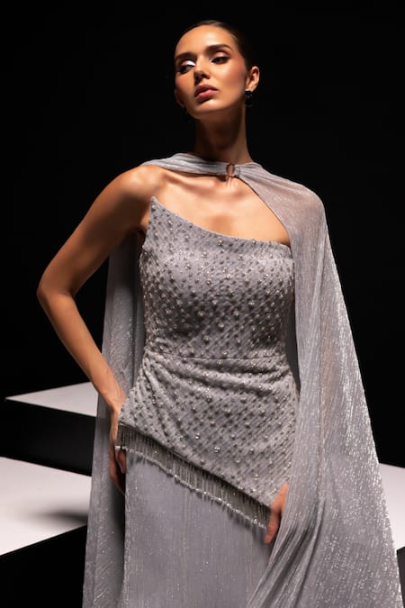 Shop_Vesture_Silver Mesh Sequins, Stones, Beads Frost Asymmetric Corset And Metallic Skirt Set _Online_at_Aza_Fashions