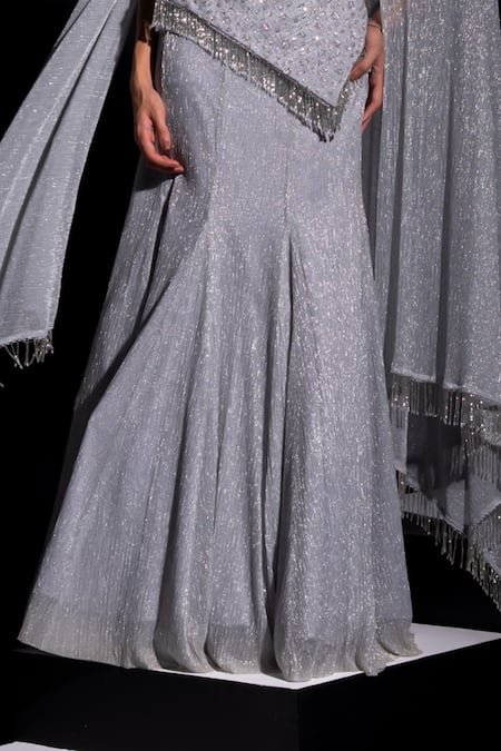Vesture_Silver Mesh Sequins, Stones, Beads Frost Asymmetric Corset And Metallic Skirt Set _at_Aza_Fashions