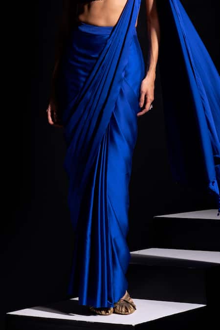 Vesture_Blue Satin Sequins, Metallic Vivid Pre-draped Saree And Embroidered Blouse Set _Online_at_Aza_Fashions