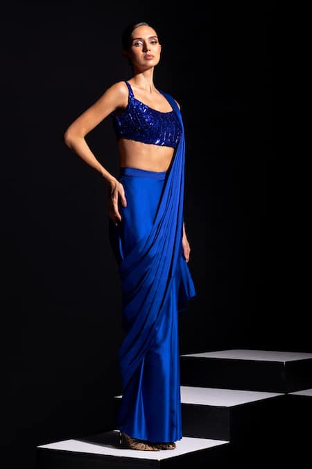 Buy_Vesture_Blue Satin Sequins, Metallic Vivid Pre-draped Saree And Embroidered Blouse Set _Online_at_Aza_Fashions