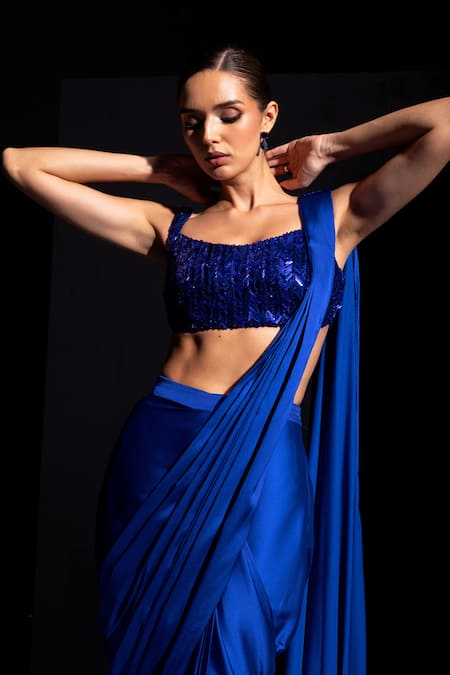 Vesture_Blue Satin Sequins, Metallic Vivid Pre-draped Saree And Embroidered Blouse Set _at_Aza_Fashions