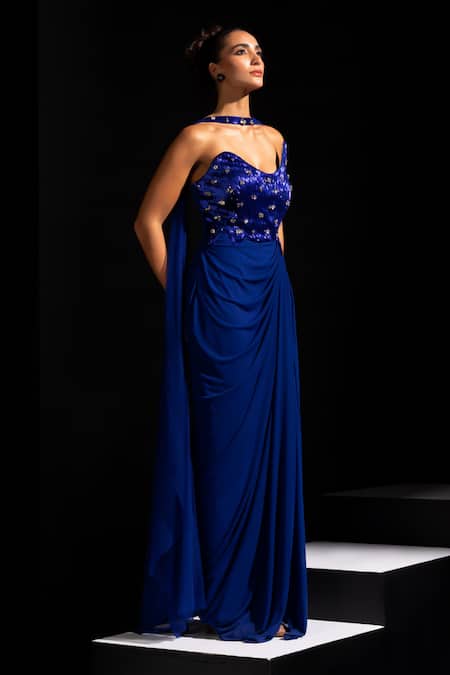 Buy Vesture Blue Lycra, Mesh Embroidery, Crystals Shock Wave Asymmetric Bodice Gown And Cape Online at Aza Fashions Buy_Vesture_Blue Lycra, Mesh Embroidery, Crystals Shock Wave Asymmetric Bodice Gown And Cape _Online_at_Aza_Fashions