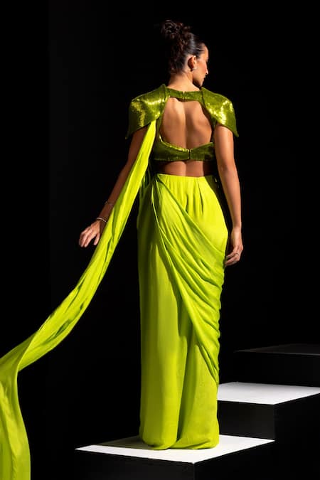 Vesture Zest Neon Pre-Draped Saree With Embroidered Blouse 