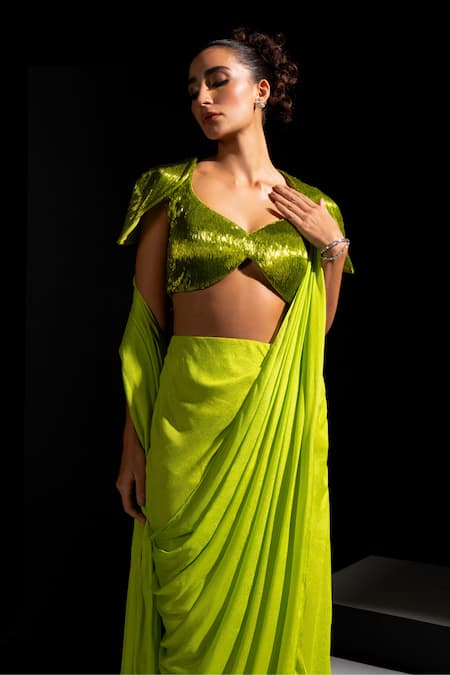Shop Vesture Lime Satin Sequins V-neck Zest Neon Pre-draped Saree With Embroidered Blouse Online at Aza Fashions Shop_Vesture_Lime Satin Sequins V-neck Zest Neon Pre-draped Saree With Embroidered Blouse _Online_at_Aza_Fashions