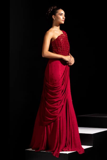 Vesture_Red Crepe, Mesh Embroidery Bandeau Neck Crimson Corset Lehenga Set _Online_at_Aza_Fashions