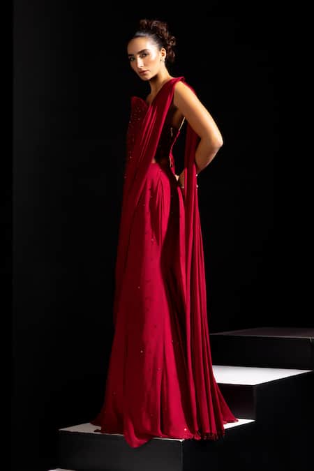 Buy_Vesture_Red Crepe, Mesh Embroidery Bandeau Neck Crimson Corset Lehenga Set _Online_at_Aza_Fashions