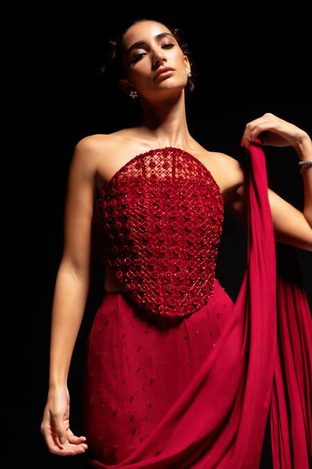 Shop_Vesture_Red Crepe, Mesh Embroidery Bandeau Neck Crimson Corset Lehenga Set _Online_at_Aza_Fashions