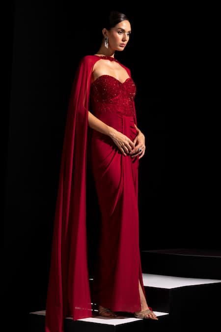 Vesture_Red Lycra Crystals Sweetheart Neck, Choker Rouge Embellished Gown With Cape _Online_at_Aza_Fashions