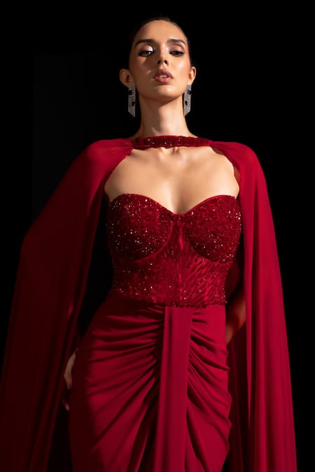 Buy_Vesture_Red Lycra Crystals Sweetheart Neck, Choker Rouge Embellished Gown With Cape _Online_at_Aza_Fashions