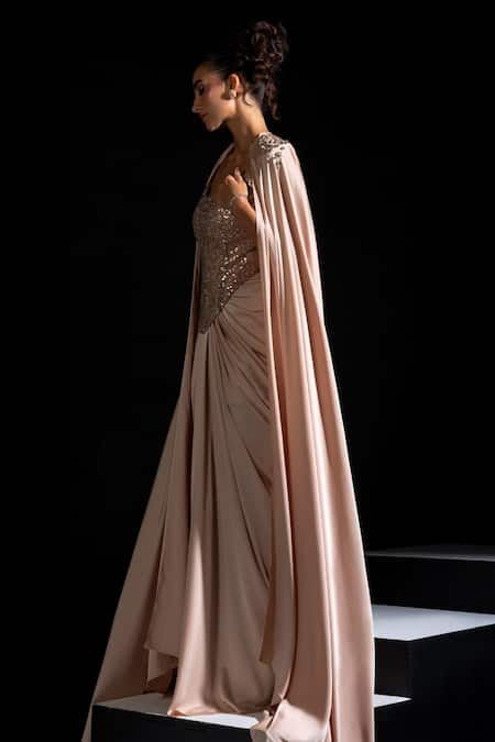 Vesture Rose Gold Mesh, Satin Beads, Chrome Embellished Corset And Draped Skirt Set Online at Aza Fashions Vesture_Rose Gold Mesh, Satin Beads, Chrome Embellished Corset And Draped Skirt Set _Online_at_Aza_Fashions