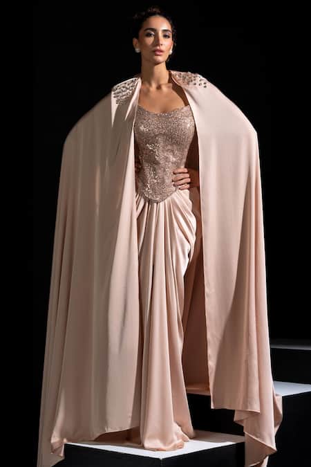 Vesture Chrome Embellished Corset & Draped Skirt Set 