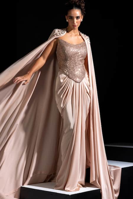 Buy Vesture Rose Gold Mesh, Satin Beads, Chrome Embellished Corset And Draped Skirt Set Online at Aza Fashions Buy_Vesture_Rose Gold Mesh, Satin Beads, Chrome Embellished Corset And Draped Skirt Set _Online_at_Aza_Fashions