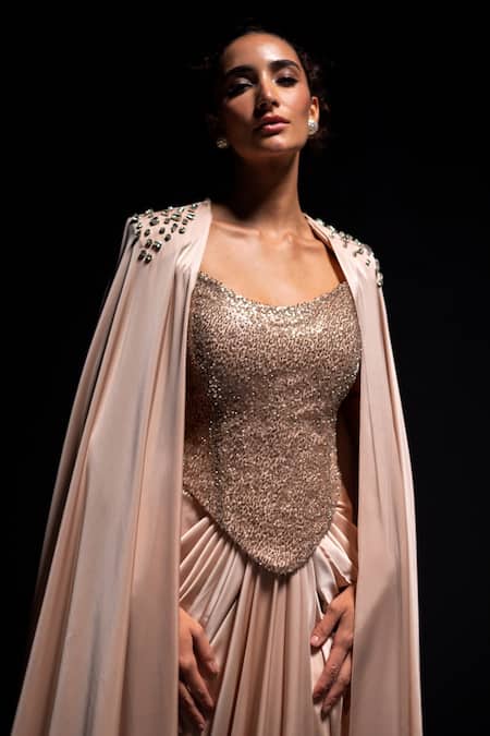 Shop Vesture Rose Gold Mesh, Satin Beads, Chrome Embellished Corset And Draped Skirt Set Online at Aza Fashions Shop_Vesture_Rose Gold Mesh, Satin Beads, Chrome Embellished Corset And Draped Skirt Set _Online_at_Aza_Fashions