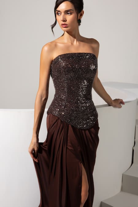 Vesture_Brown Satin Sequins, Beads Bandeau Neck, Square Cocoa Corset And Draped Skirt Set _Online_at_Aza_Fashions