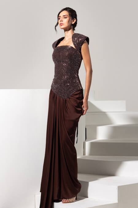 Buy_Vesture_Brown Satin Sequins, Beads Bandeau Neck, Square Cocoa Corset And Draped Skirt Set _Online_at_Aza_Fashions
