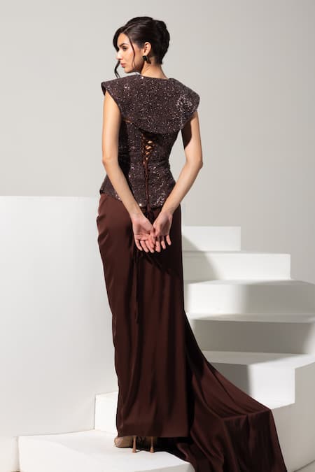 Vesture Cocoa Brown Corset & Draped Skirt Set 