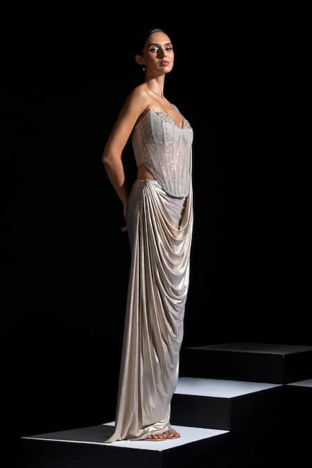 Vesture_Silver Lycra, Mesh Pearls, Beads Halo Pre-draped Saree With Embellished Corset _Online_at_Aza_Fashions