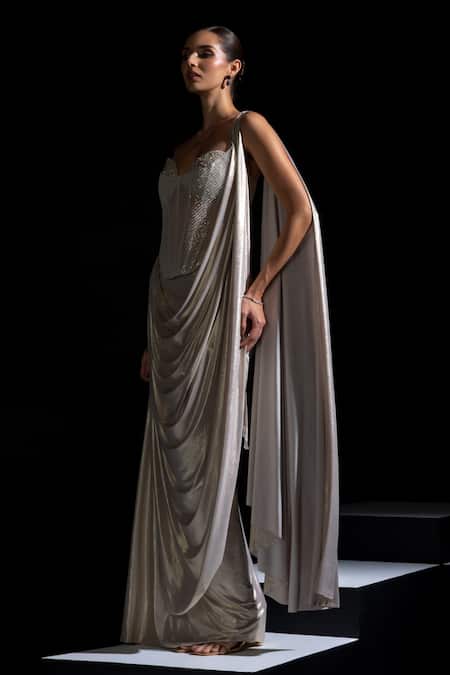 Buy_Vesture_Silver Lycra, Mesh Pearls, Beads Halo Pre-draped Saree With Embellished Corset _Online_at_Aza_Fashions