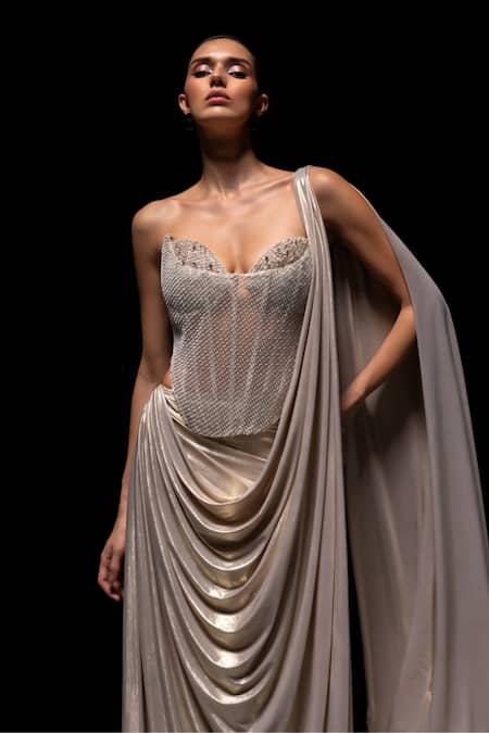 Shop_Vesture_Silver Lycra, Mesh Pearls, Beads Halo Pre-draped Saree With Embellished Corset _Online_at_Aza_Fashions