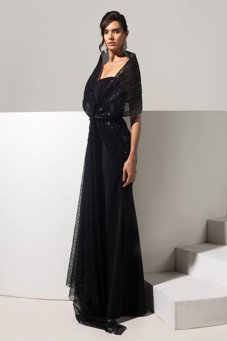 Vesture Black Mesh Sequins, Embroidery Shadow 3d Embellished Gown With Structured Draped Online at Aza Fashions Vesture_Black Mesh Sequins, Embroidery Shadow 3d Embellished Gown With Structured Draped _Online_at_Aza_Fashions