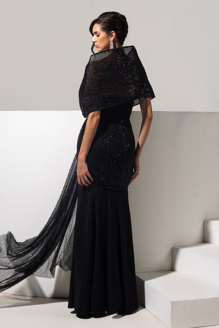 Vesture Shadow 3D Embellished Gown With Structured Draped 