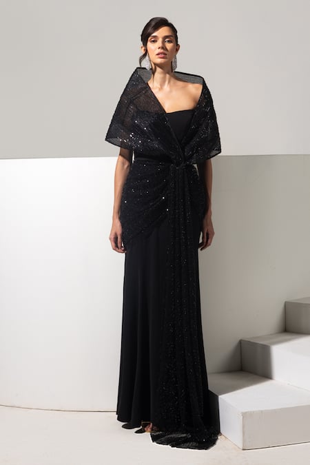 Vesture Shadow 3D Embellished Gown With Structured Draped 