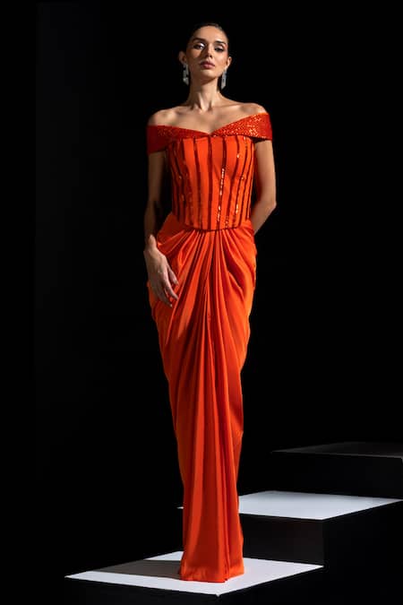 Vesture Tangelo Off-Shoulder Corset & Draped Skirt Set 