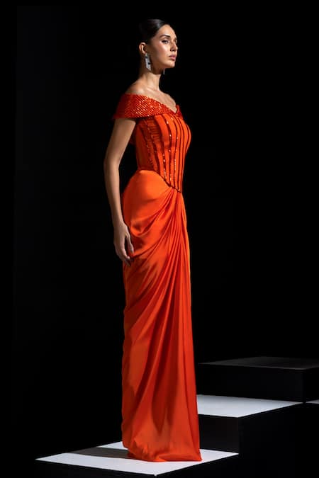 Shop Vesture Orange Satin Sequins, Beads Off-shoulder Tangelo Corset And Draped Skirt Set Online at Aza Fashions Shop_Vesture_Orange Satin Sequins, Beads Off-shoulder Tangelo Corset And Draped Skirt Set _Online_at_Aza_Fashions