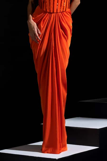 Vesture Orange Satin Sequins, Beads Off-shoulder Tangelo Corset And Draped Skirt Set at Aza Fashions Vesture_Orange Satin Sequins, Beads Off-shoulder Tangelo Corset And Draped Skirt Set _at_Aza_Fashions