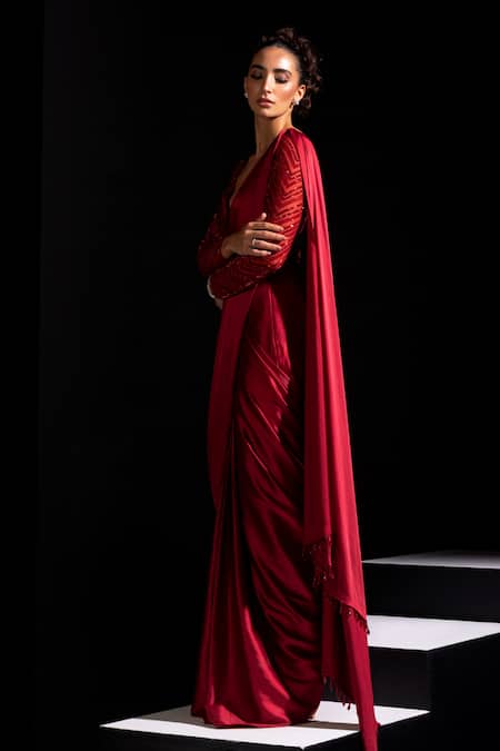 Vesture_Red Satin Tassels, Embroidery, Sequins Blaze Pre-draped Saree With Blouse _Online_at_Aza_Fashions