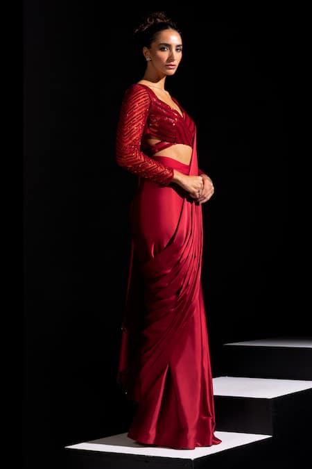 Buy_Vesture_Red Satin Tassels, Embroidery, Sequins Blaze Pre-draped Saree With Blouse _Online_at_Aza_Fashions