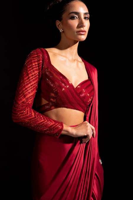 Shop_Vesture_Red Satin Tassels, Embroidery, Sequins Blaze Pre-draped Saree With Blouse _Online_at_Aza_Fashions