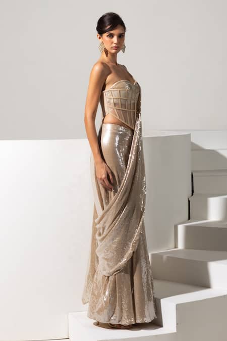 Vesture_Gold Mesh Sequins Sweetheart Neck Lustre Pre-draped Saree And Corset Set _Online_at_Aza_Fashions