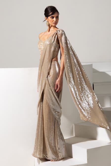Buy_Vesture_Gold Mesh Sequins Sweetheart Neck Lustre Pre-draped Saree And Corset Set _Online_at_Aza_Fashions