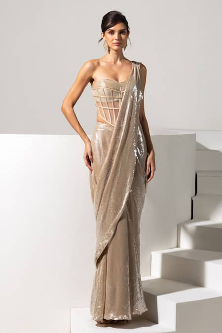 Vesture Lustre Gold Sequin Pre-Draped Saree & Corset Set 