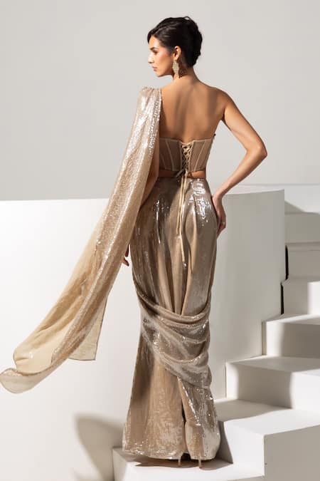 Vesture Lustre Gold Sequin Pre-Draped Saree & Corset Set 