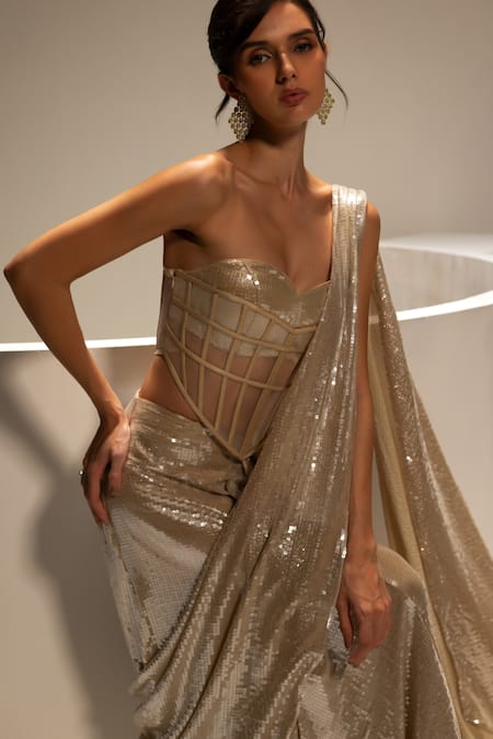 Shop_Vesture_Gold Mesh Sequins Sweetheart Neck Lustre Pre-draped Saree And Corset Set _Online_at_Aza_Fashions