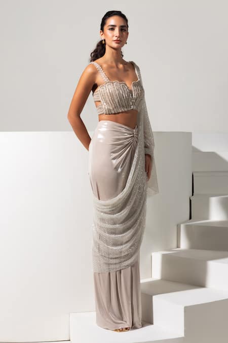 Vesture_Silver Lycra Pearls, Crystals, Sequins, Aurora Pre-draped Saree With Blouse _Online_at_Aza_Fashions